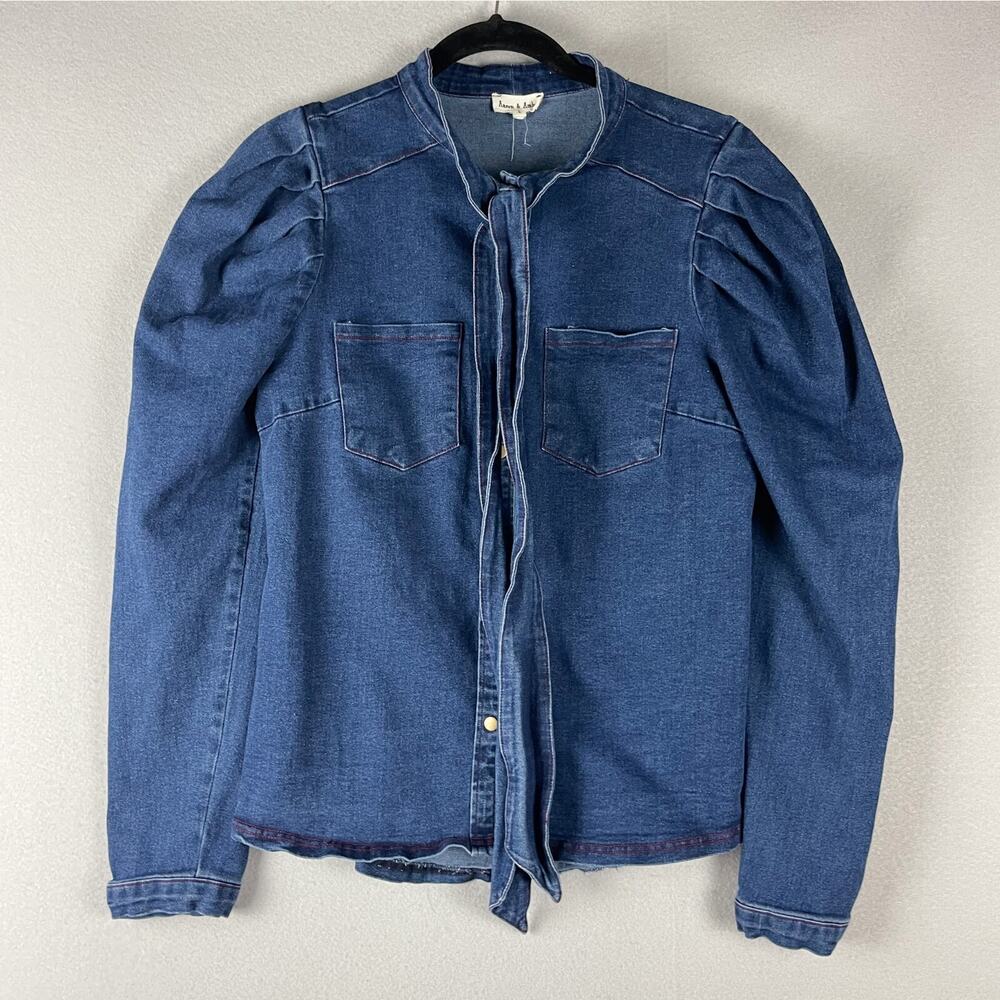 Aaron & Amber Denim Top Womens Large Blue Puff Sleeve Tie Neck Snap Button Heavy